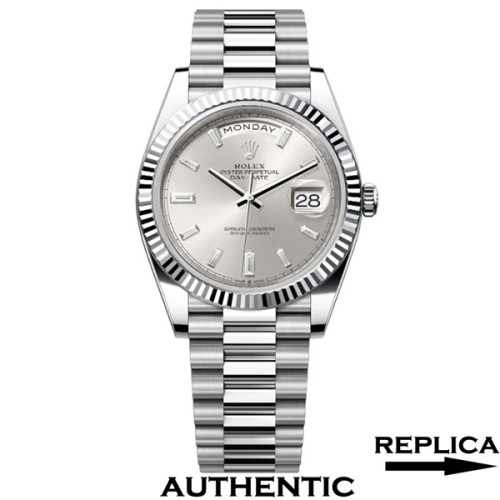 Super Clone Rolex 228236-0002 Day-Date 40 mm Silver Dial Baguette Diamonds Replica Rolex RDD010