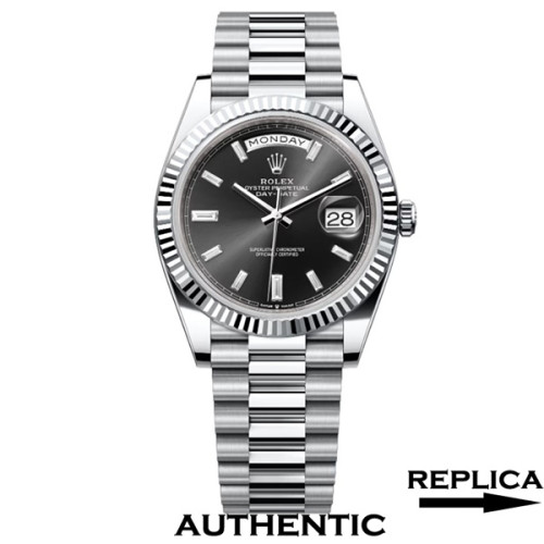 Super Clone Rolex 228236-0004 Day-Date 40 mm Black Dial with Baguette Diamonds Replica Rolex RDD014