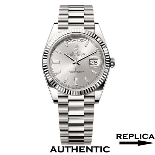 Super Clone Rolex 228239-0003 Day-Date 40 mm Silver Dial Baguette Diamonds Replica Rolex RDD024