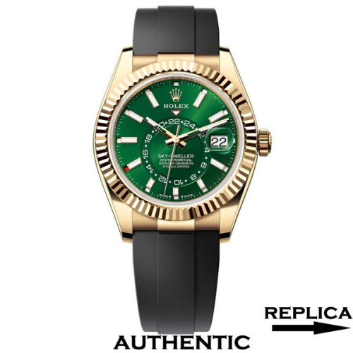 Super Clone Rolex Sky-Dweller m336238-0004 Yellow Gold Green Dial Rubber Straps 42mm RSK001