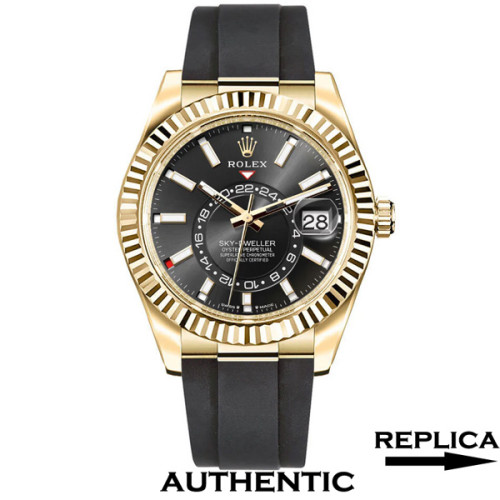 Super Clone Rolex Sky-Dweller m336238-0002 Yellow Gold Black Dial Rubber Straps 42mm Men’s Watch RSK019