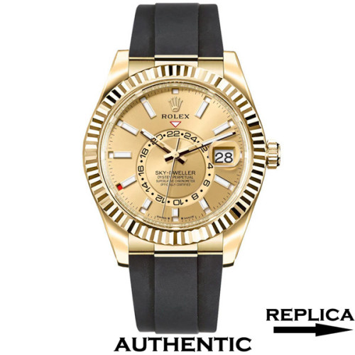 Super Clone Rolex Sky-Dweller m336238-0001 Yellow Gold Champagne Dial Rubber Straps 42mm Men’s Watch RSK021