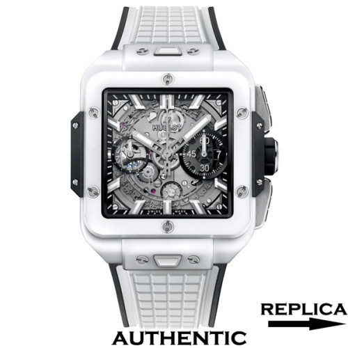 Super Clone Hublot Square Bang Unico Chronograph White Ceramic Man's Watch Skeleton Dial HB013